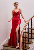 Satin High-Slit Gown with Beaded Illusion Corset Bodice-0
