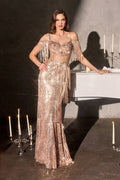 Fitted Dress Off-The-Shoulder Beaded Bodice Metallic Fringe Skirt-0