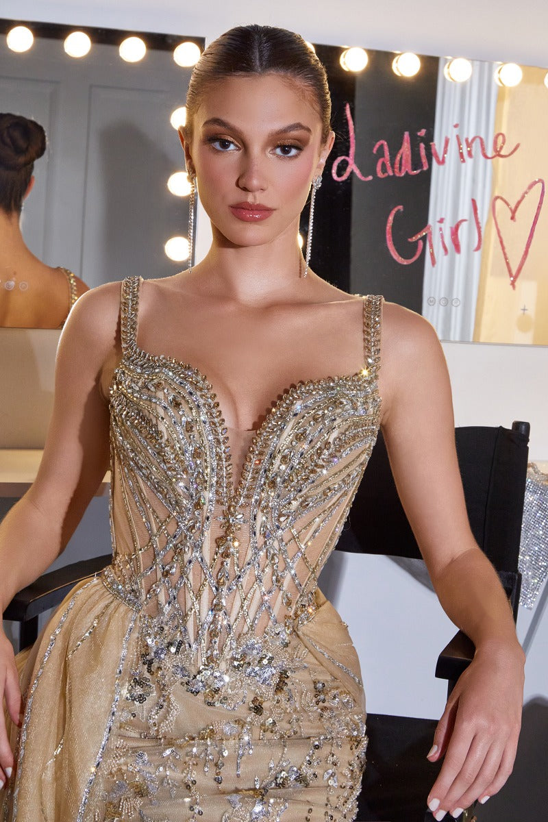 Crystal Embellished Illusion Corset Gown with Detachable Glitter Tulle Overskirt and Floral Appliqués-2