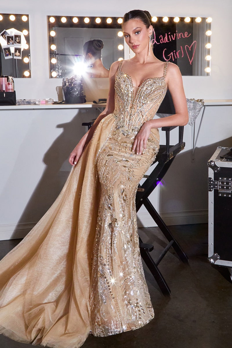 Crystal Embellished Illusion Corset Gown with Detachable Glitter Tulle Overskirt and Floral Appliqués-0