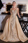 Crystal Embellished Illusion Corset Gown with Detachable Glitter Tulle Overskirt and Floral Appliqués-3