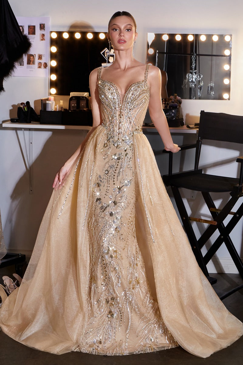 Crystal Embellished Illusion Corset Gown with Detachable Glitter Tulle Overskirt and Floral Appliqués-3