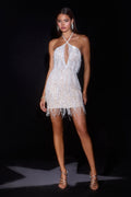 Dazzling Fringe Beaded Halter Mini Dress With Plunging Keyhole & Open Back-0