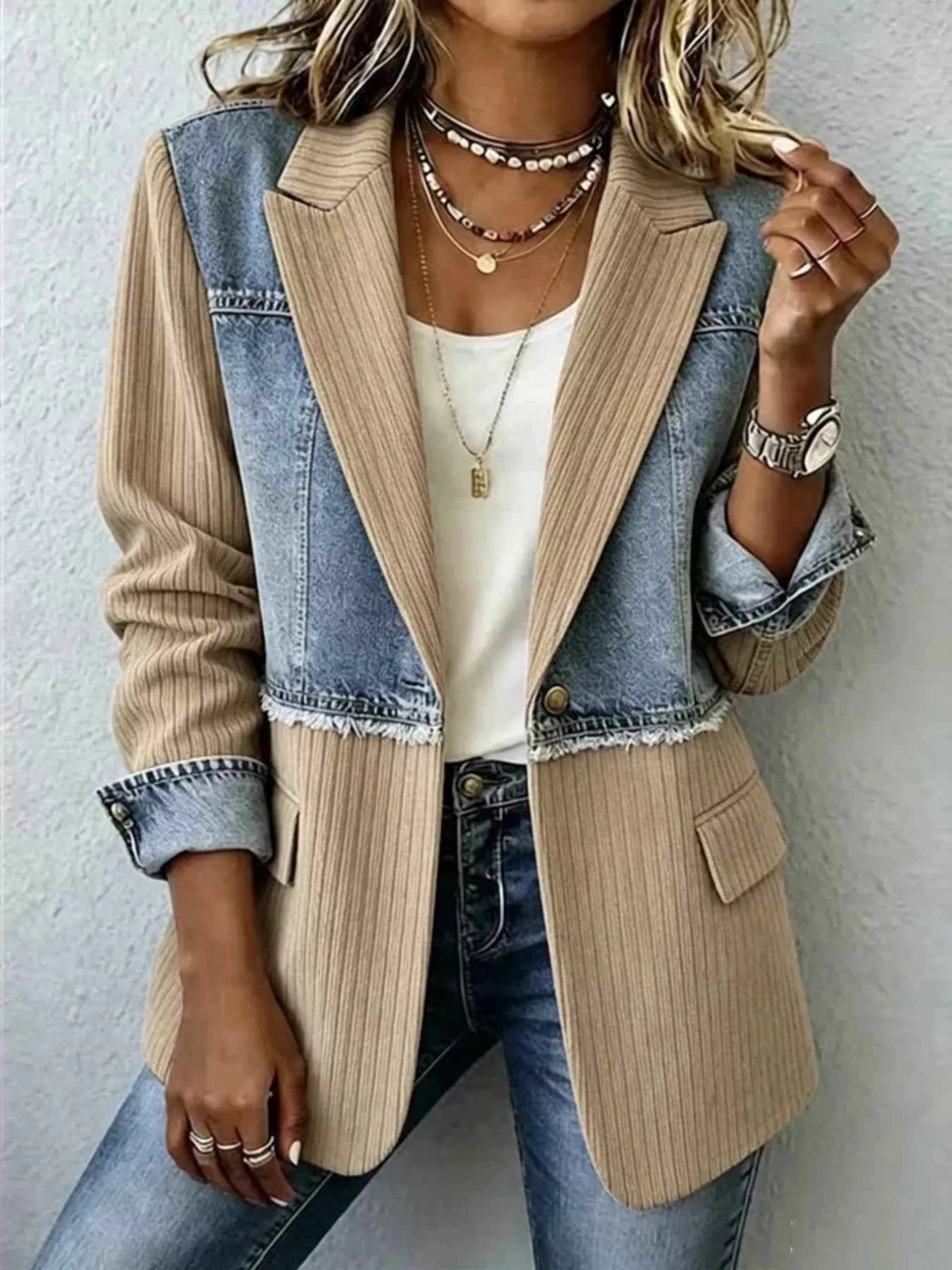 Full Size Patchwork Denim Ribbed Blazer Plus Size