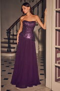Crystal Embellished Strapless Chiffon A-Line Gown with Detachable Neck Scarf-4