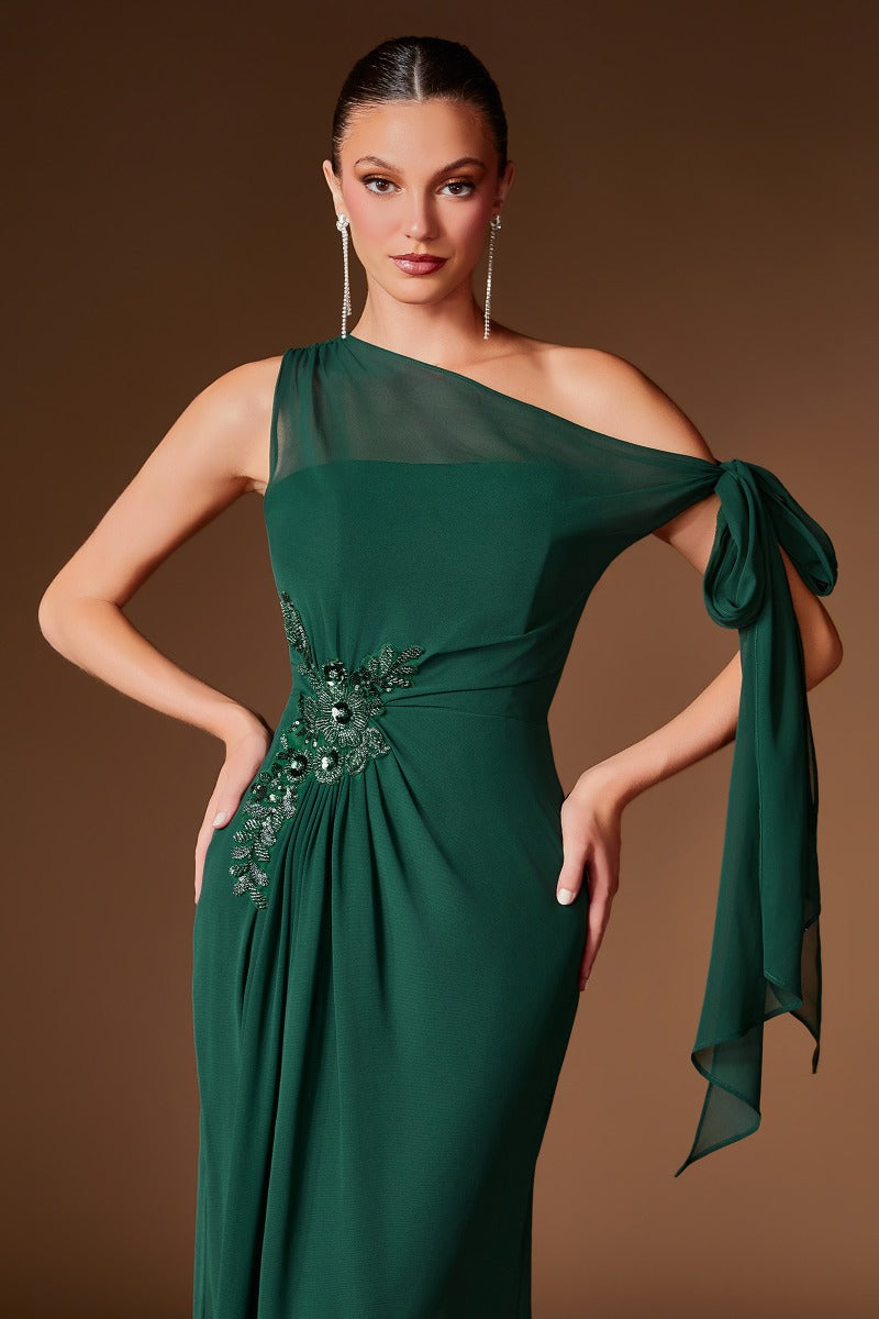 Elegant One-Shoulder Chiffon Formal Gown | Beaded Waist & Draped Sash | Mother Of The Bride Dress-2