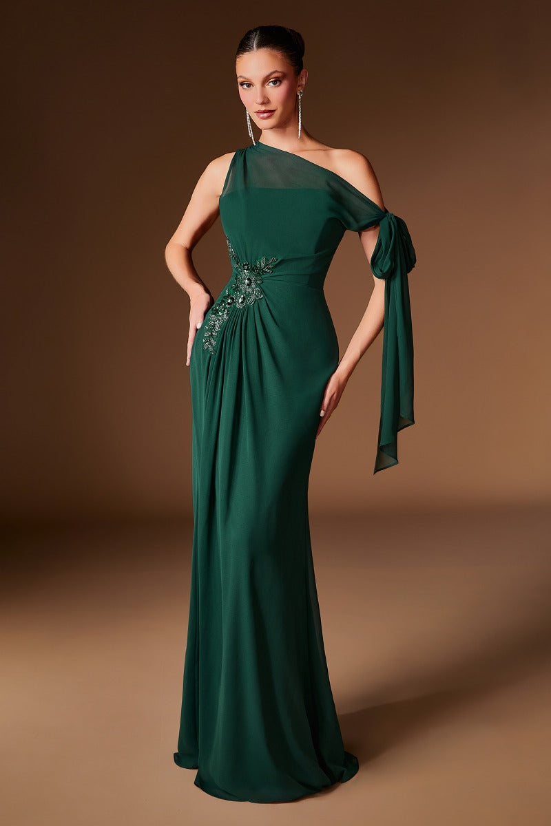 Elegant One-Shoulder Chiffon Formal Gown | Beaded Waist & Draped Sash | Mother Of The Bride Dress-1
