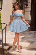 Off The Shoulder Glitter A-Line Short Dress-0
