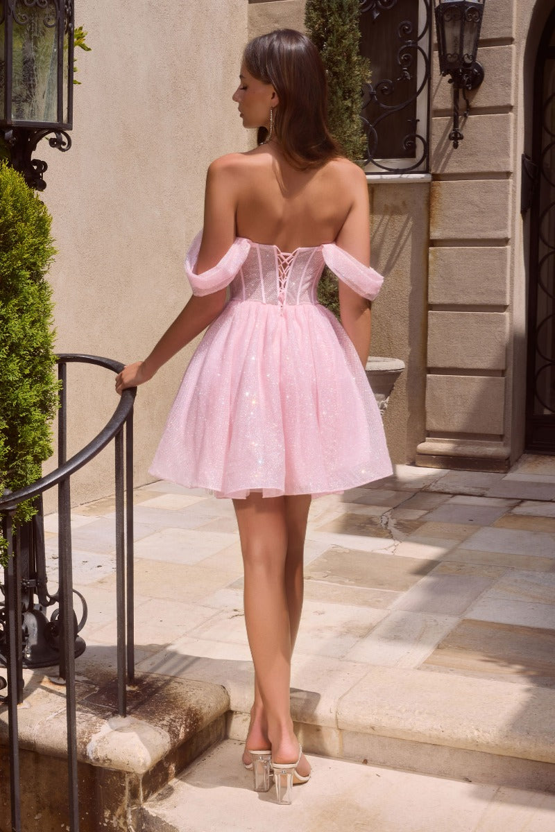 Off The Shoulder Glitter A-Line Short Dress-2