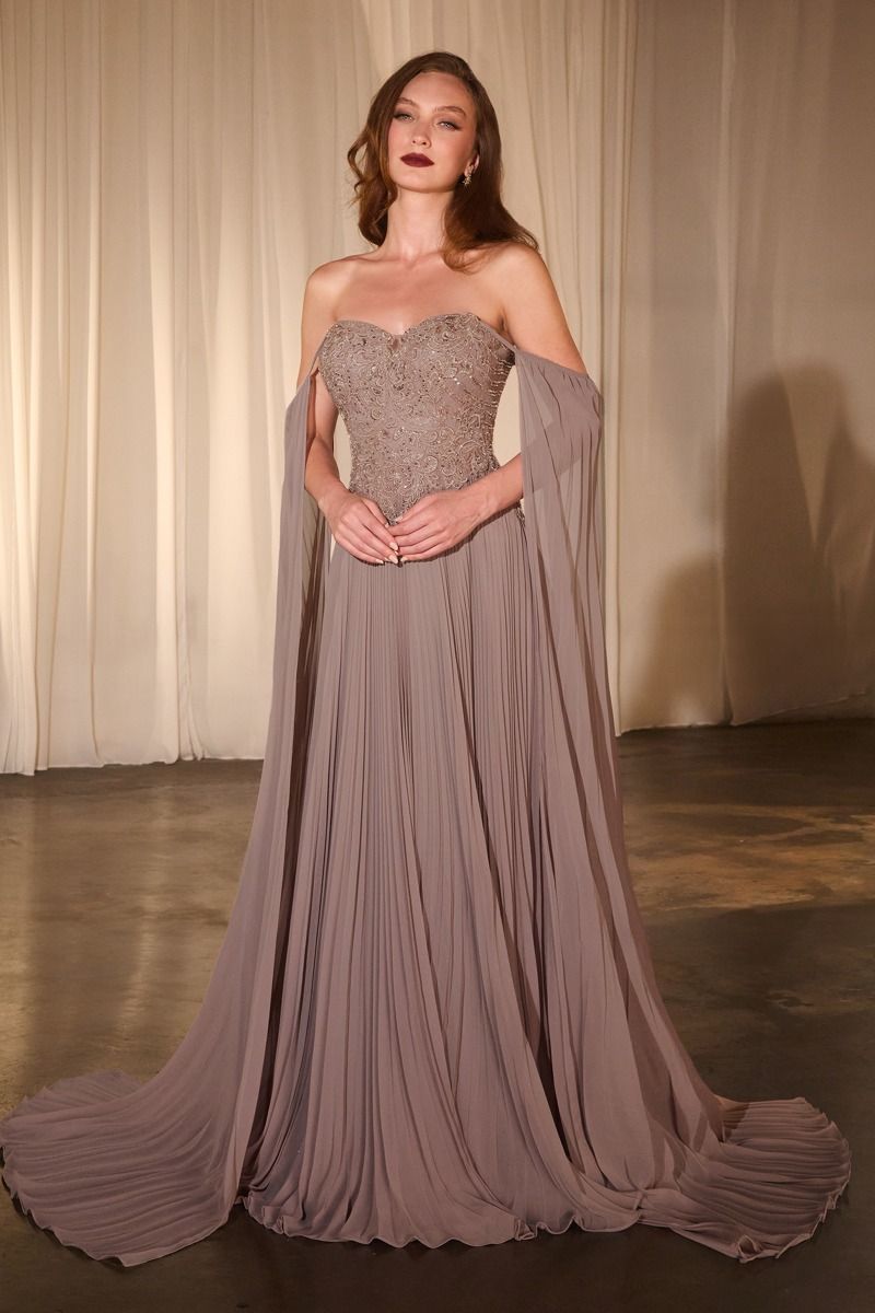 Pleated A-Line Gown With Cape Sleeves-3