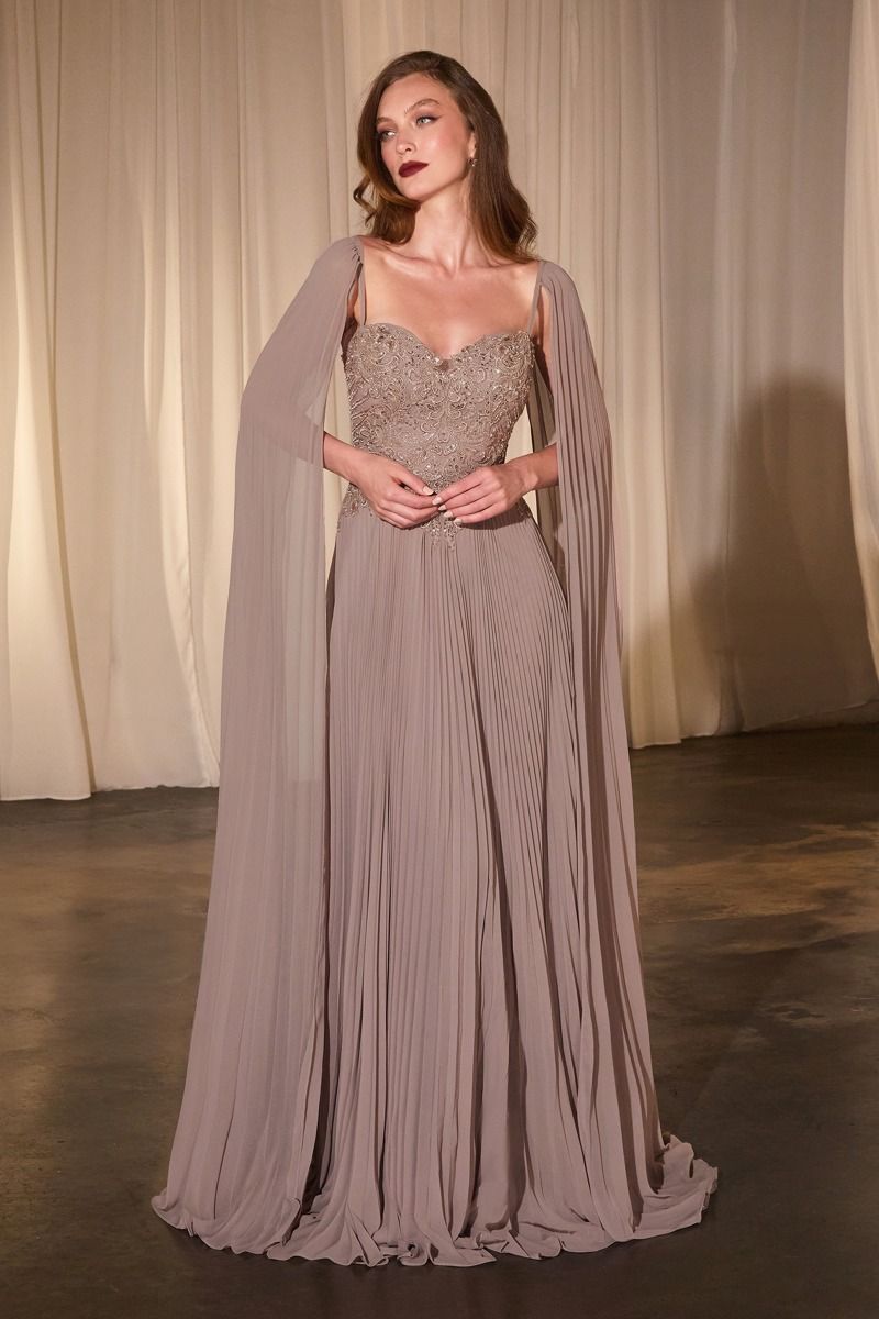 Pleated A-Line Gown With Cape Sleeves-4