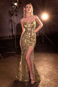 Fitted Evening Gown Scoop Neckline Mirrored Embellishment Slit Open Strappy Back-0