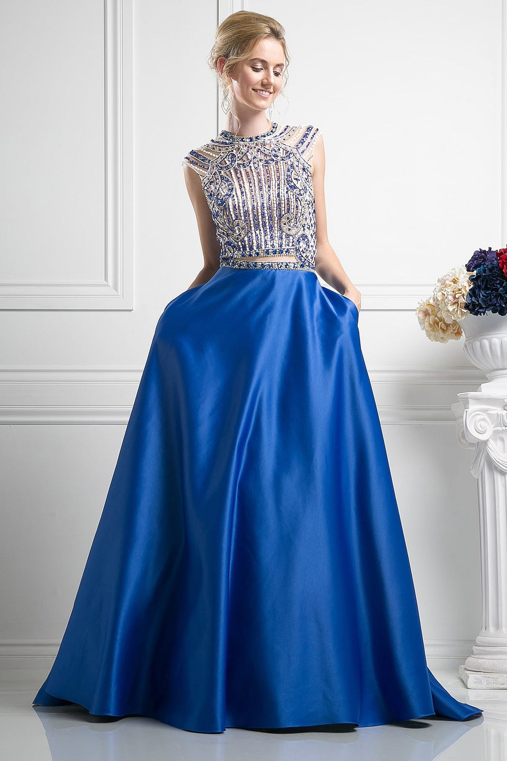 Beaded Bodice Satin Ball Gown-0