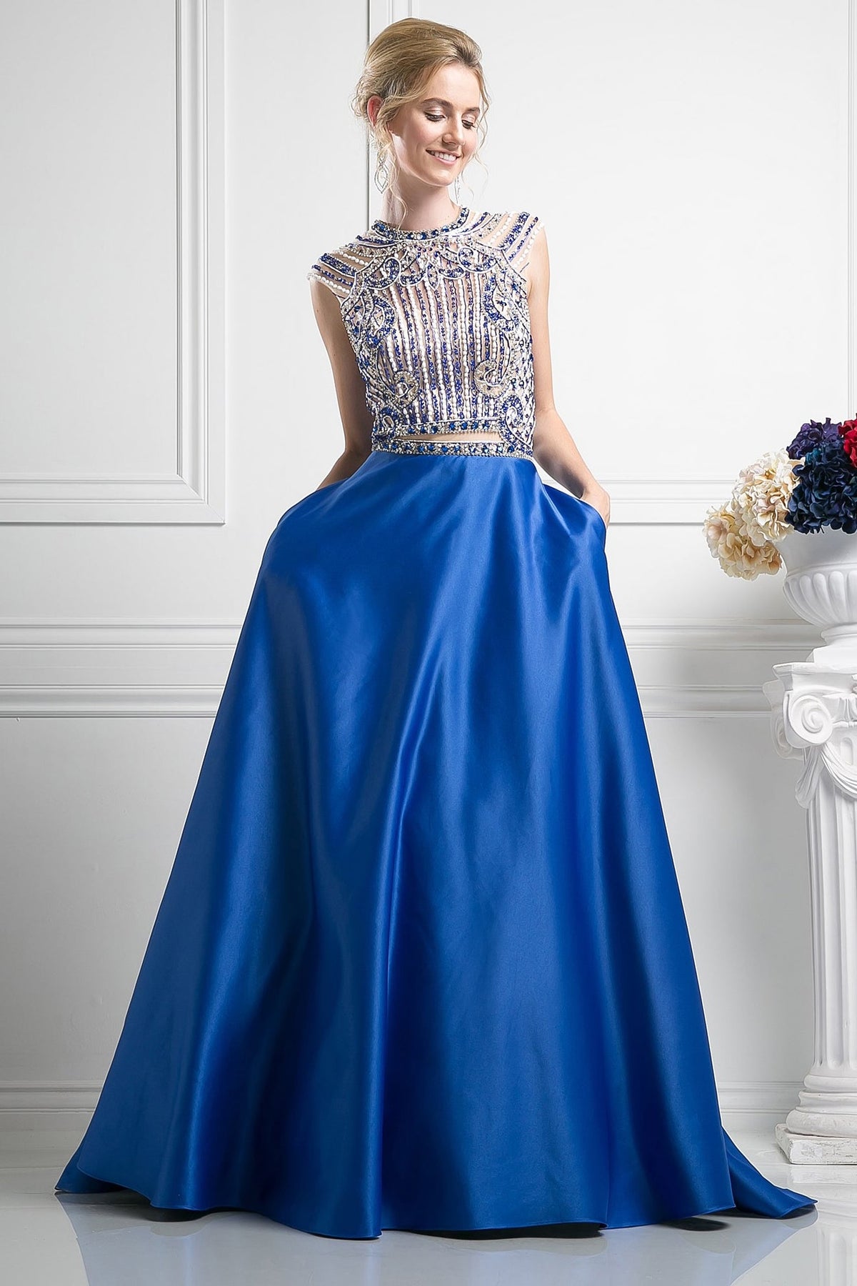 Beaded Bodice Satin Ball Gown-0