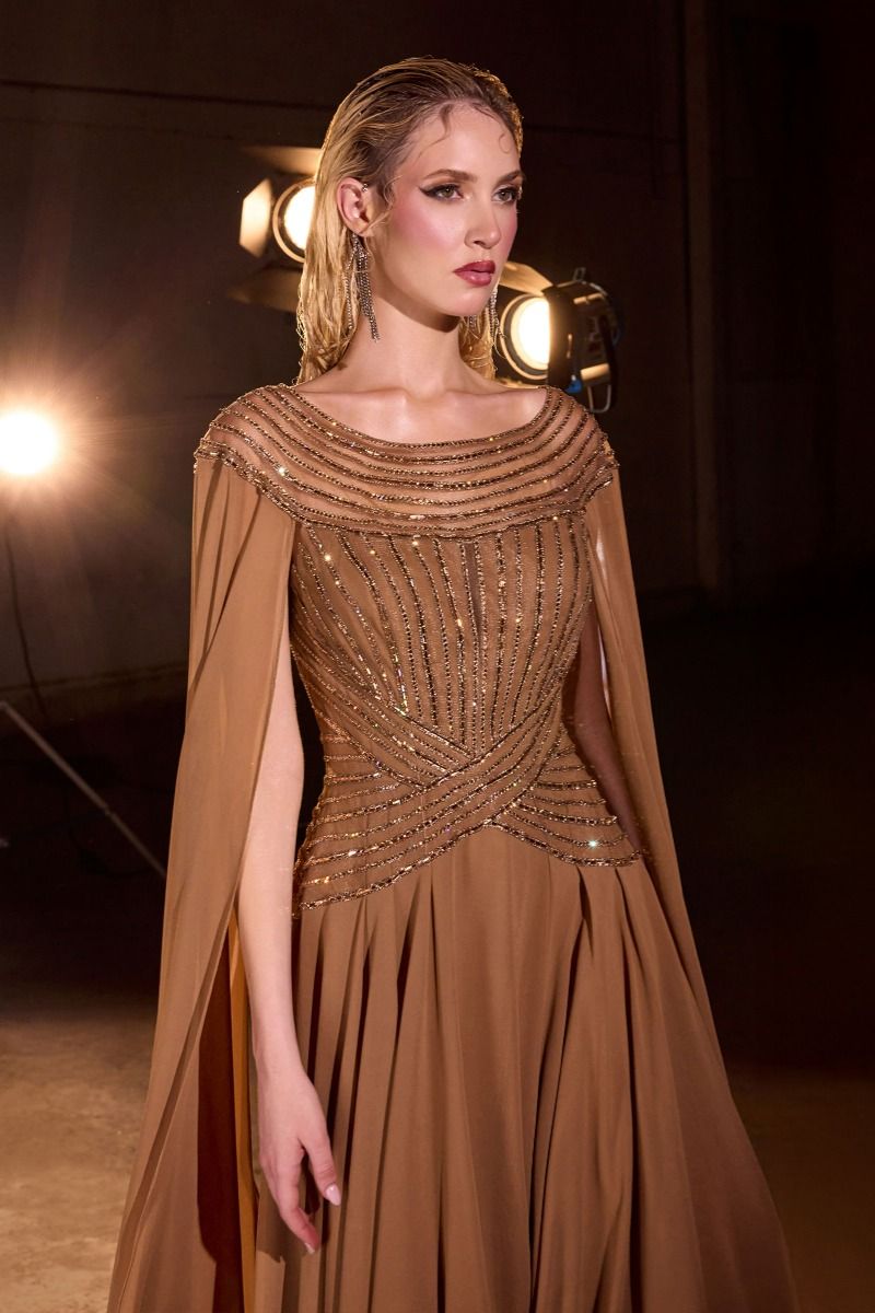A-Line Evening Gown with a Bateau Neckline and a Beaded Bodice-1