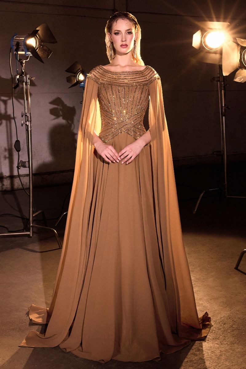 A-Line Evening Gown with a Bateau Neckline and a Beaded Bodice-2