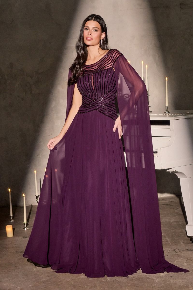 A-Line Evening Gown with a Bateau Neckline and a Beaded Bodice-3