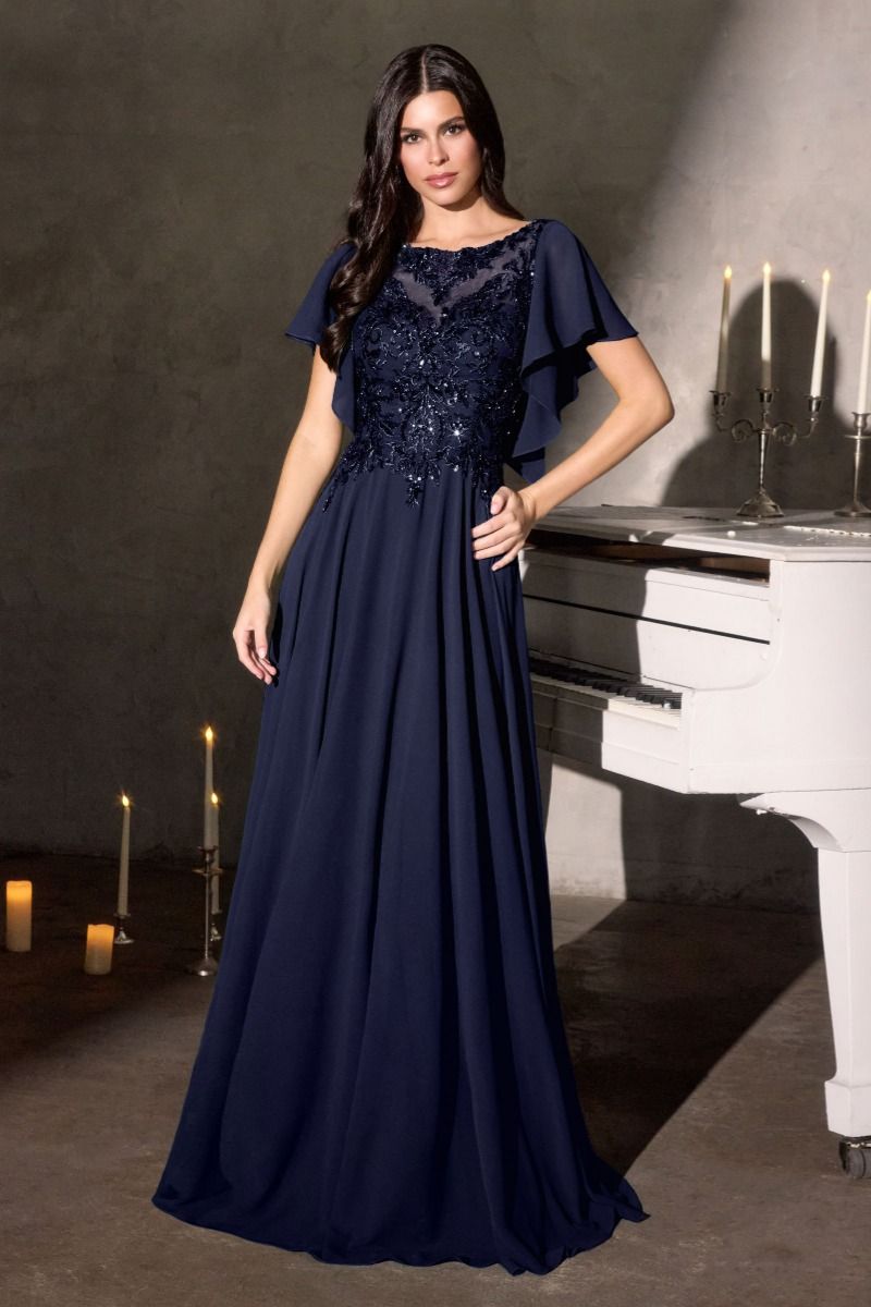 A-Line Silhouette Dress, Illusion Neckline, Sequin Embroidery and Ruffled Sleeves-4