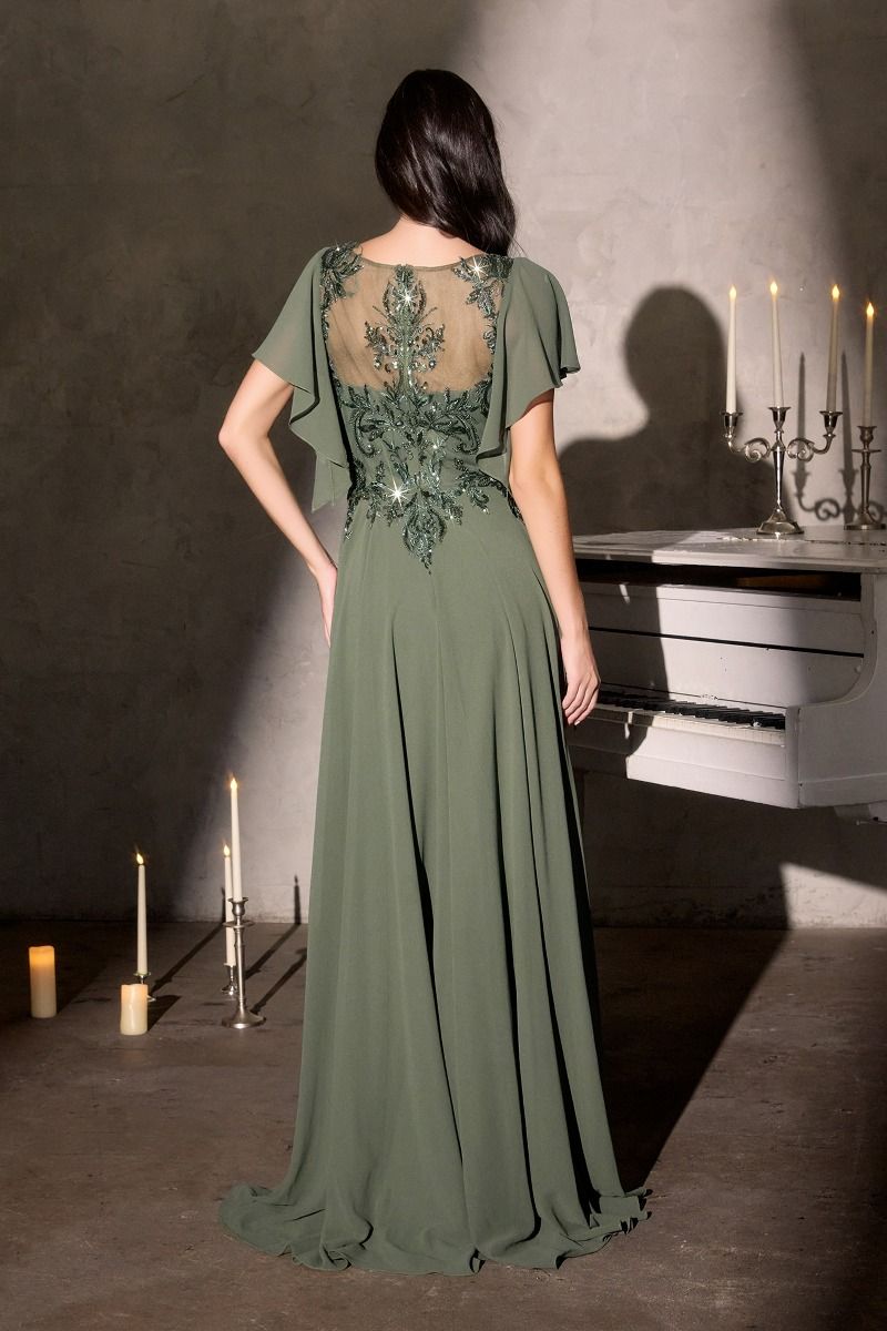 A-Line Silhouette Dress, Illusion Neckline, Sequin Embroidery and Ruffled Sleeves-2