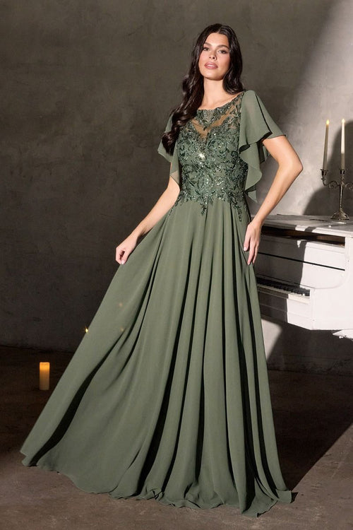A-Line Silhouette Dress, Illusion Neckline, Sequin Embroidery and Ruffled Sleeves-0