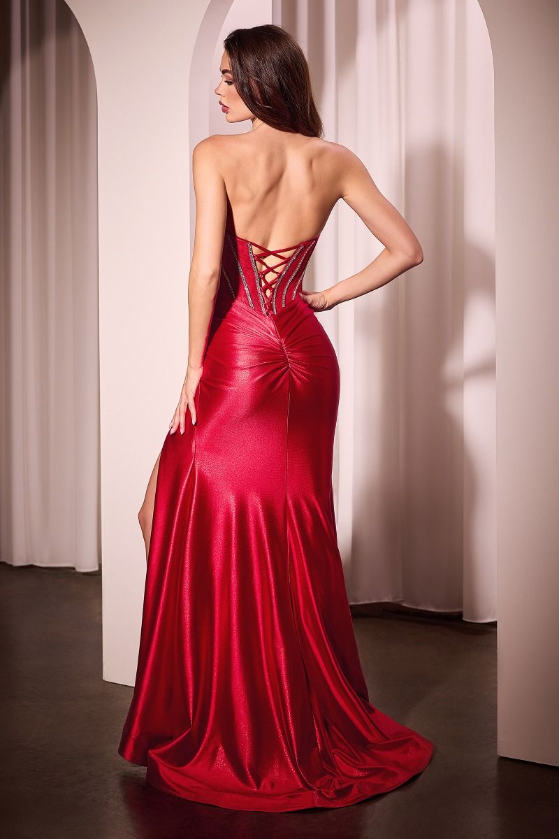 Strapless Lace Bodice Satin Fitted Gown-1