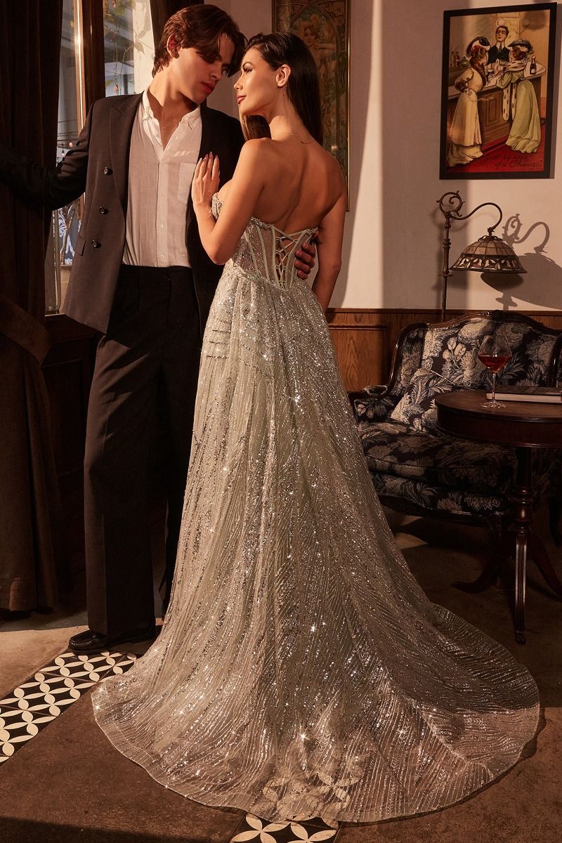 Strapless Glitter Printed Gown & Overskirt-5