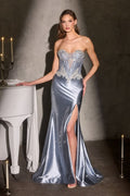 Strapless Fitted Dress Beaded Corset Bodice Satin Skirt Slit Detachable Tulle Overskirt-0