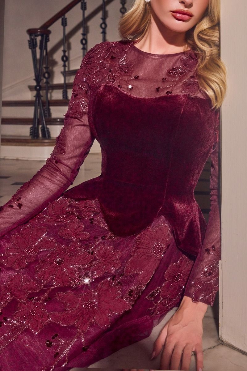Long Sleeve Velvet & Lace Ball Gown-2