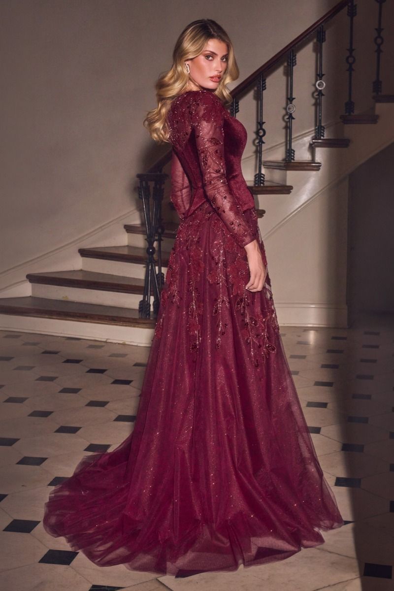 Long Sleeve Velvet & Lace Ball Gown-1