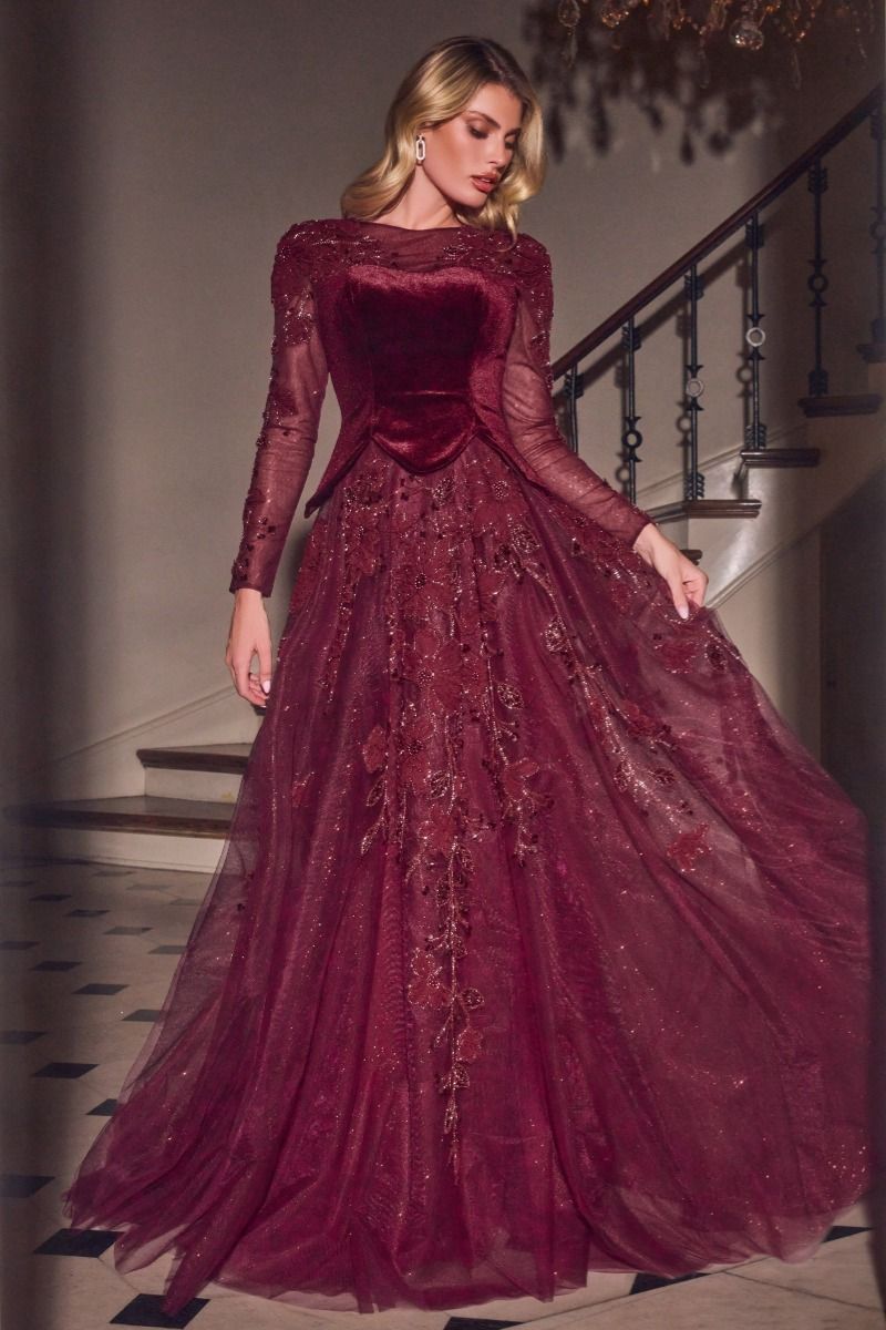 Long Sleeve Velvet & Lace Ball Gown-0