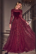 Long Sleeve Velvet & Lace Ball Gown-0