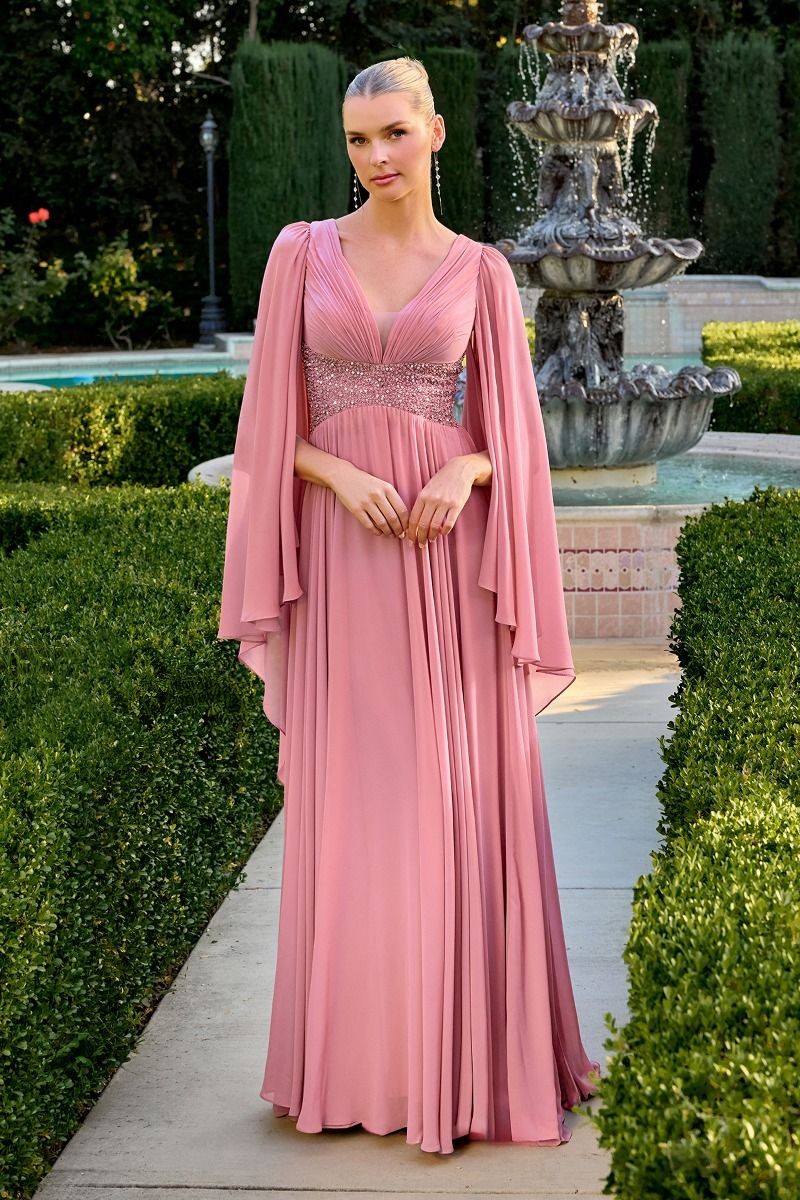 Flowing Chiffon Gown a Pleated V-Neckline and a Beaded Waistline-1