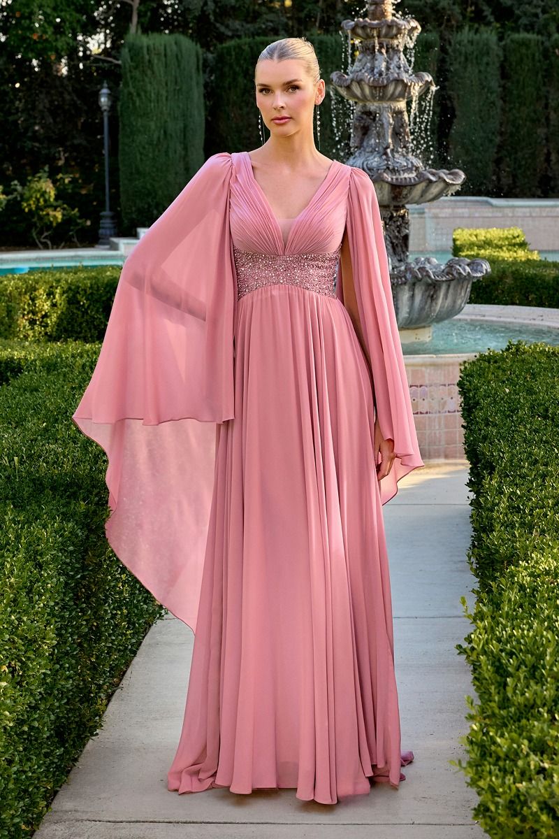 Flowing Chiffon Gown a Pleated V-Neckline and a Beaded Waistline-1
