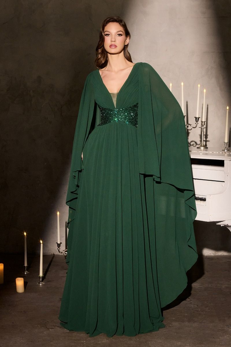 Flowing Chiffon Gown a Pleated V-Neckline and a Beaded Waistline-2