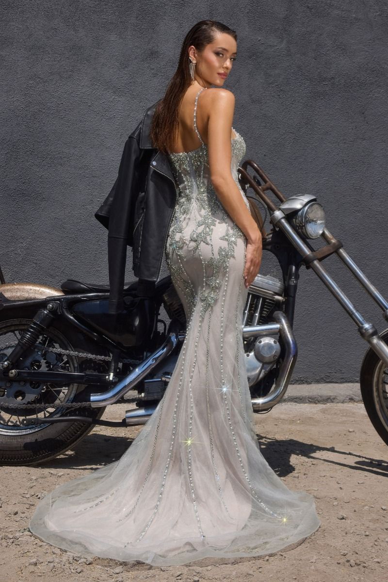 Fitted Evening Gown Sweetheart Neckline Crystal Beaded Bodice Sheer Train Open Back-3