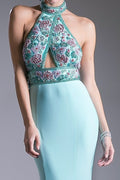Fitted Jersey Gown with Beaded Halter Neckline-0