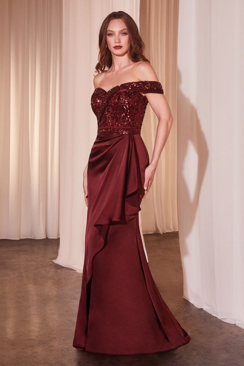 Off The Shoulder Satin & Beaded Gown-3