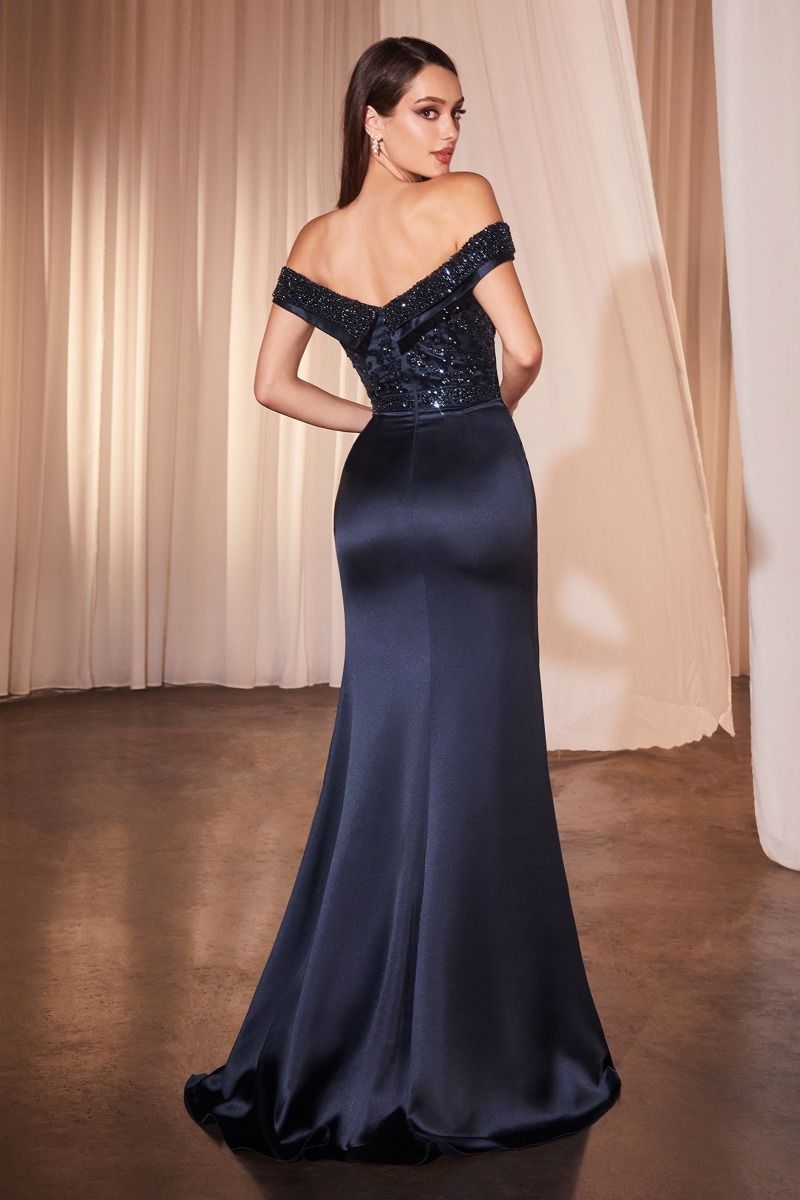 Off The Shoulder Satin & Beaded Gown-1