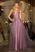 A-Line Dress Deep V-Neck Beaded Bodice Layered Tulle Skirt Low Back-0
