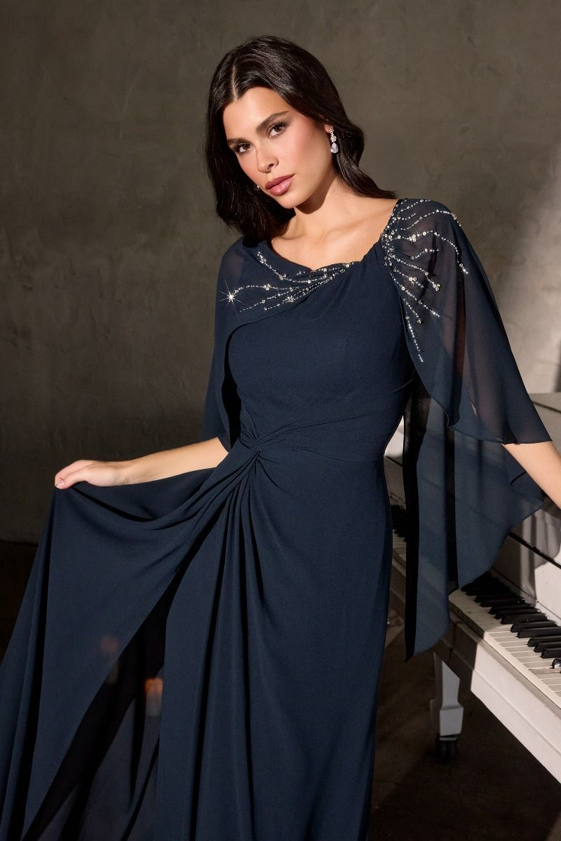 Classic Column Silhouette with Soft Draped Overlay and Cape-Style Sleeves-3