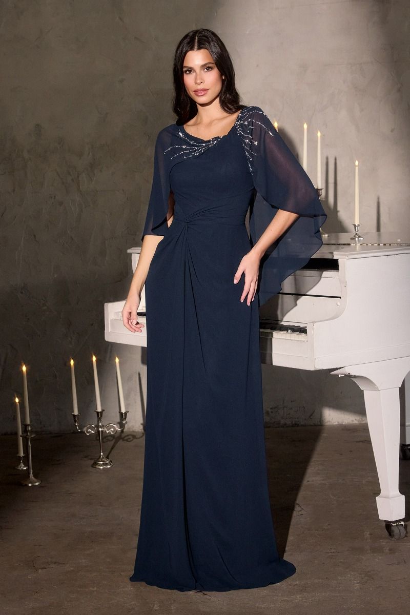 Classic Column Silhouette with Soft Draped Overlay and Cape-Style Sleeves-4