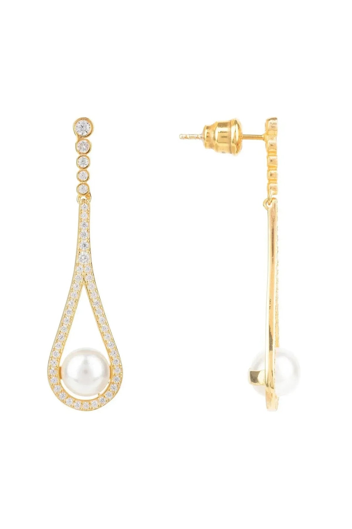 Cradled Pearl Drop Earrings Gold