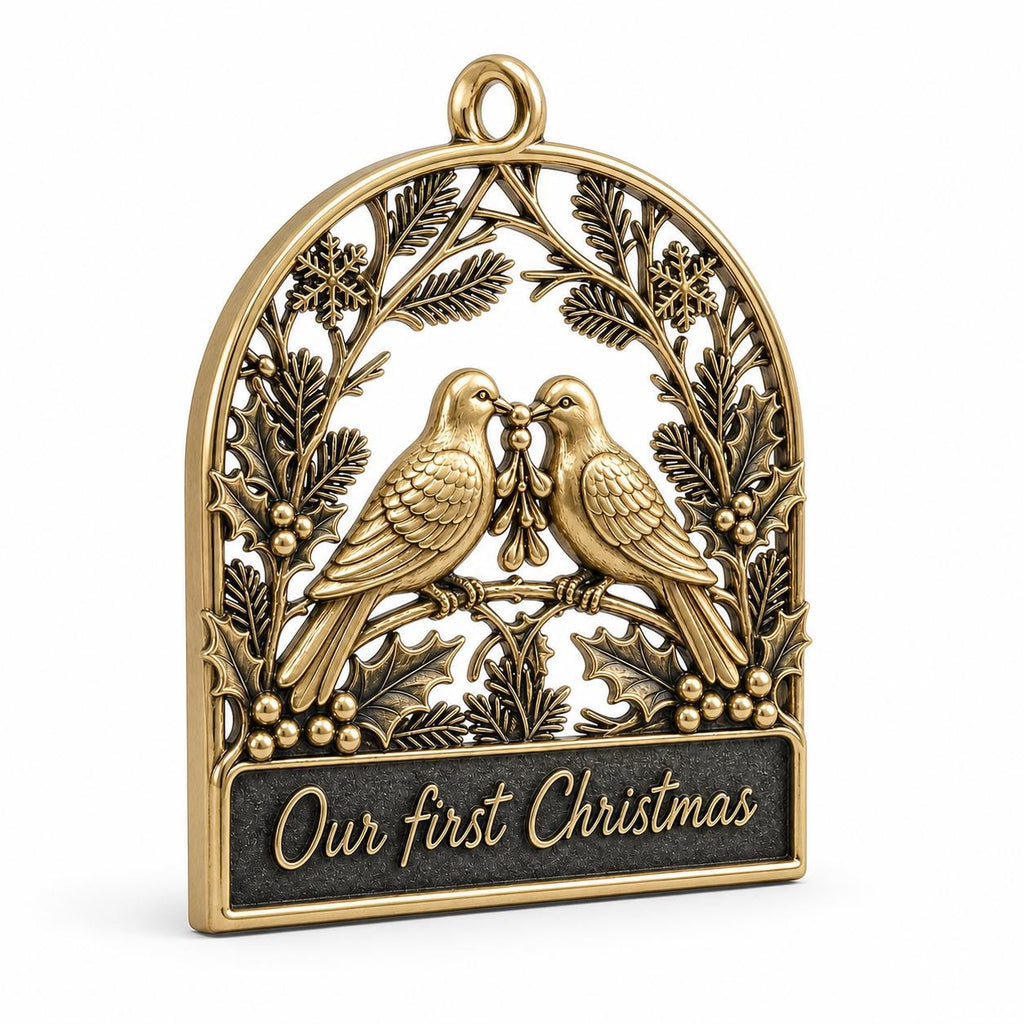Two Doves First Christmas Ornament – Antique Brass, Personalized