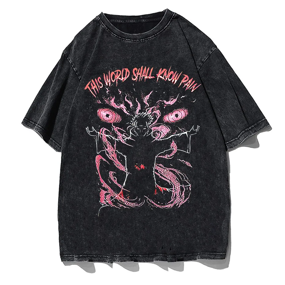 Anime Pain Print Vintage Washed T-Shirt 100% Cotton Harajuku Streetwear-3