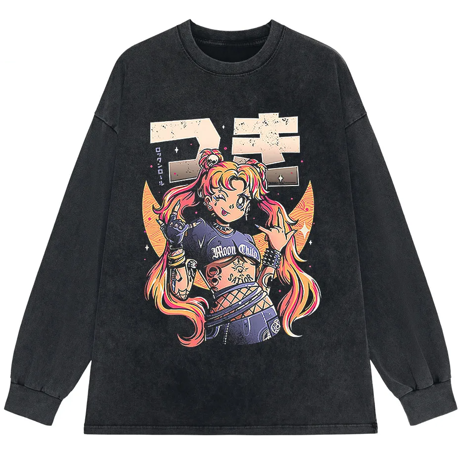 Men's Retro Anime Girl Graphic T-Shirt Cotton Oversized Vintage Tee-3
