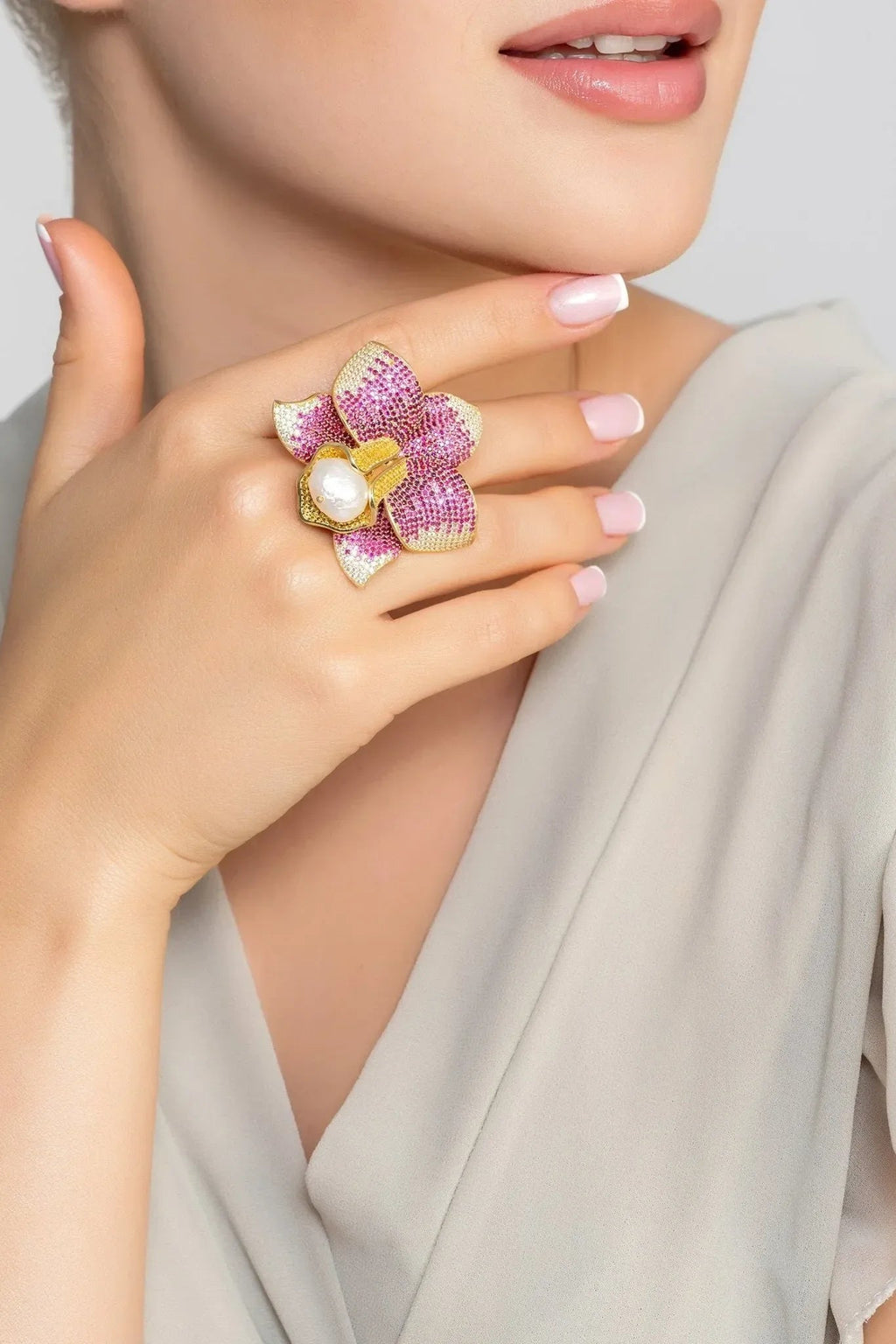 Daffodil With Pearl Cocktail Ring Gold Ruby CZ