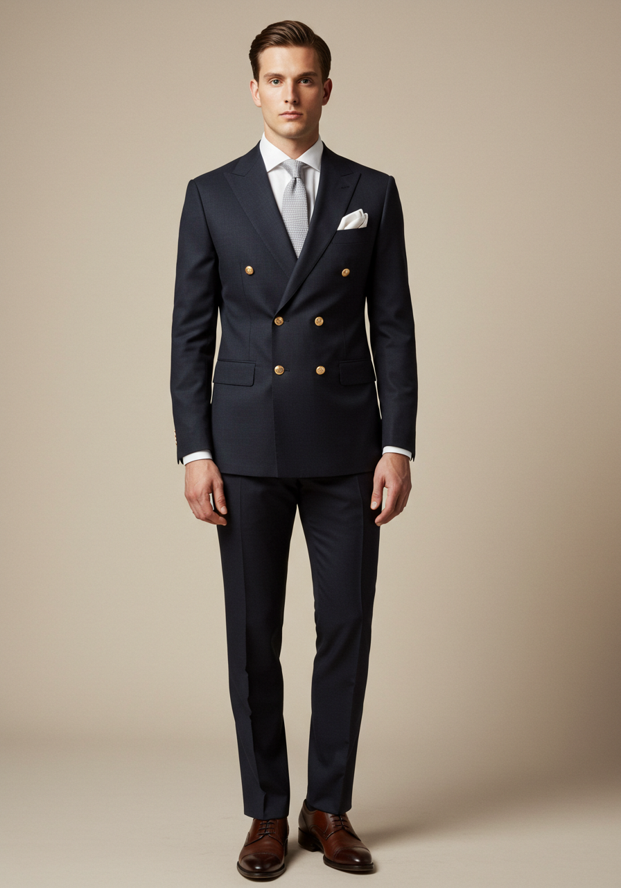 Dark Navy Double Breasted Suit with Gold Button-0