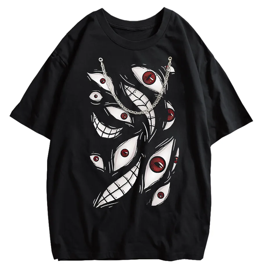 Harajuku Anime Eyes Graphic Washed T-Shirt Men Streetwear Cotton Tee-3