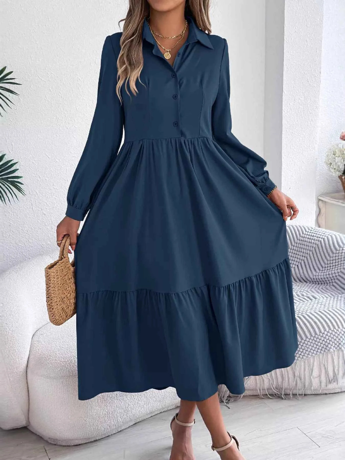 Long Sleeve Tiered Button Front Midi Dress