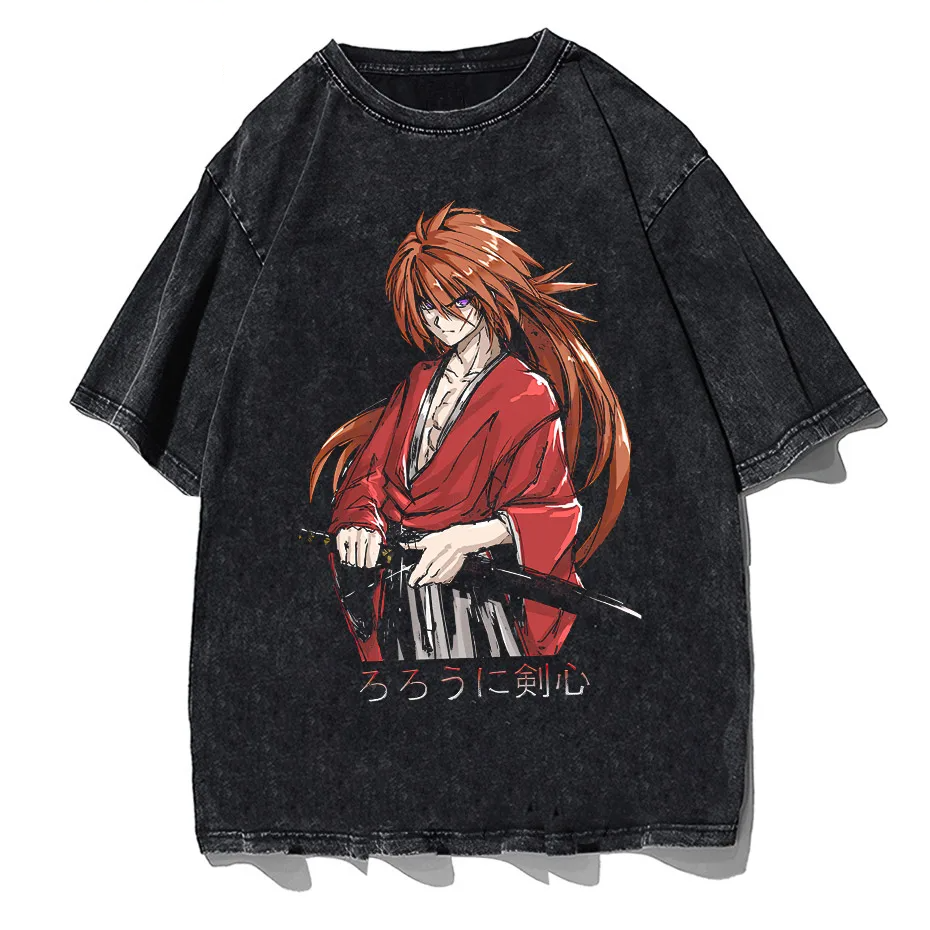 Rurouni Kenshin Washed Anime Graphic T-Shirt Men's Harajuku Streetwear Vintage Cotton Tee-0